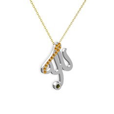 Taşlı Allah Yazılı Kolye - Sitrin ve peridot 8 ayar beyaz altın kolye (40 cm gümüş rolo zincir) #aay5hq