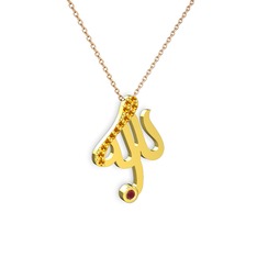 Taşlı Allah Yazılı Kolye - Sitrin ve kök yakut 8 ayar altın kolye (40 cm rose altın rolo zincir) #abxtul