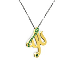 Taşlı Allah Yazılı Kolye - Yeşil kuvars 14 ayar altın kolye (40 cm gümüş rolo zincir) #y12os0