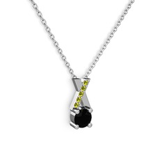 Taşlı Daire X kolye - Siyah zirkon ve peridot 14 ayar beyaz altın kolye (40 cm beyaz altın rolo zincir) #1l1nuu7