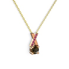 Taşlı Daire X kolye - Dumanlı kuvars ve rodolit garnet 14 ayar rose altın kolye (40 cm altın rolo zincir) #1o6no81