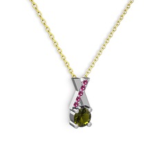 Peridot ve rodolit garnet 14 ayar beyaz altın kolye (40 cm gümüş rolo zincir)