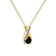 Taşlı Daire X kolye - Siyah zirkon ve ametist 8 ayar altın kolye (40 cm altın rolo zincir) #99qrhj