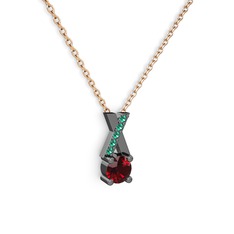Taşlı Daire X kolye - Garnet ve yeşil kuvars 925 ayar siyah rodyum kaplama gümüş kolye (40 cm gümüş rolo zincir) #9dxcdb