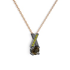 Taşlı Daire X kolye - Dumanlı kuvars ve peridot 925 ayar siyah rodyum kaplama gümüş kolye (40 cm rose altın rolo zincir) #t2w3vz
