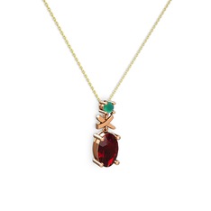 Oval Taşlı X kolye - Garnet ve kök zümrüt 18 ayar rose altın kolye (40 cm altın rolo zincir) #145d852