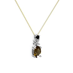 Oval Taşlı X kolye - Dumanlı kuvars ve siyah zirkon 14 ayar beyaz altın kolye (40 cm gümüş rolo zincir) #16tidpw