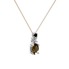 Oval Taşlı X kolye - Dumanlı kuvars ve siyah zirkon 14 ayar beyaz altın kolye (40 cm rose altın rolo zincir) #1dhnlsp
