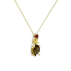 Oval Taşlı X kolye - Dumanlı kuvars ve garnet 14 ayar altın kolye (40 cm altın rolo zincir) #1dht5s2