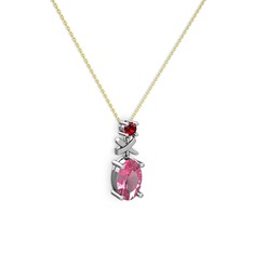 Oval Taşlı X kolye - Pembe kuvars ve garnet 925 ayar gümüş kolye (40 cm altın rolo zincir) #1k7lwm