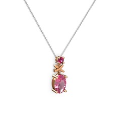 Pembe kuvars ve rodolit garnet 8 ayar rose altın kolye (40 cm beyaz altın rolo zincir)