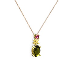 Peridot ve rodolit garnet 14 ayar altın kolye (40 cm rose altın rolo zincir)