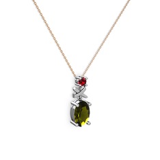 Peridot ve garnet 8 ayar beyaz altın kolye (40 cm rose altın rolo zincir)