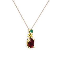 Oval Taşlı X kolye - Garnet ve kök zümrüt 14 ayar altın kolye (40 cm rose altın rolo zincir) #57jqnl