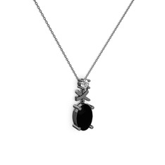 Oval Taşlı X kolye - Siyah zirkon ve swarovski 925 ayar siyah rodyum kaplama gümüş kolye (40 cm gümüş rolo zincir) #6yl2y3