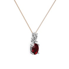 Garnet ve beyaz zirkon 14 ayar beyaz altın kolye (40 cm rose altın rolo zincir)