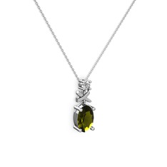 Oval Taşlı X kolye - Peridot ve swarovski 8 ayar beyaz altın kolye (40 cm beyaz altın rolo zincir) #xr5jli