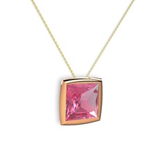 Tenda Kare Kolye - Pembe kuvars 8 ayar rose altın kolye (40 cm altın rolo zincir) #1ig5k0f