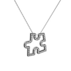 Puzzle Parça Kolye - Beyaz zirkon 925 ayar siyah rodyum kaplama gümüş kolye (40 cm beyaz altın rolo zincir) #1surk5s