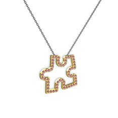 Puzzle Parça Kolye - Pembe kuvars 18 ayar altın kolye (40 cm gümüş rolo zincir) #c004se