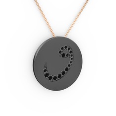 Taşlı Vav Kolye - Siyah zirkon 925 ayar siyah rodyum kaplama gümüş kolye (40 cm rose altın rolo zincir) #12myj4o
