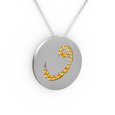 Taşlı Vav Kolye - Sitrin 14 ayar beyaz altın kolye (40 cm beyaz altın rolo zincir) #135cix4