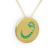 Taşlı Vav Kolye - Yeşil kuvars 14 ayar altın kolye (40 cm gümüş rolo zincir) #1c90cpt