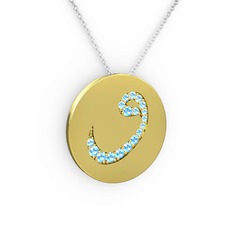 Taşlı Vav Kolye - Akuamarin 14 ayar altın kolye (40 cm beyaz altın rolo zincir) #1cwfbmc