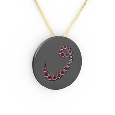 Taşlı Vav Kolye - Kök yakut 925 ayar siyah rodyum kaplama gümüş kolye (40 cm altın rolo zincir) #1l7giau