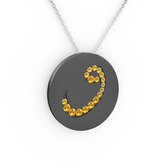 Taşlı Vav Kolye - Sitrin 925 ayar siyah rodyum kaplama gümüş kolye (40 cm beyaz altın rolo zincir) #1rpwgdl