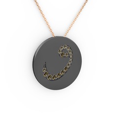 Taşlı Vav Kolye - Dumanlı kuvars 925 ayar siyah rodyum kaplama gümüş kolye (40 cm rose altın rolo zincir) #1tm4cvm