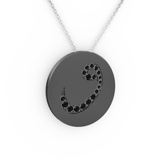 Taşlı Vav Kolye - Siyah zirkon 925 ayar siyah rodyum kaplama gümüş kolye (40 cm beyaz altın rolo zincir) #1xzyqxa