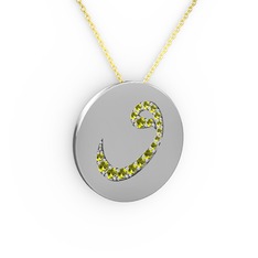 Taşlı Vav Kolye - Peridot 14 ayar beyaz altın kolye (40 cm altın rolo zincir) #6tlxa0