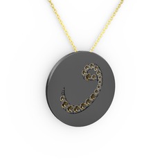 Taşlı Vav Kolye - Dumanlı kuvars 925 ayar siyah rodyum kaplama gümüş kolye (40 cm altın rolo zincir) #9tdpy9