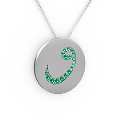 Taşlı Vav Kolye - Yeşil kuvars 8 ayar beyaz altın kolye (40 cm gümüş rolo zincir) #edo355
