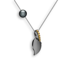 İncili Yaprak Kolye - Sitrin ve siyah inci 925 ayar siyah rodyum kaplama gümüş kolye (40 cm gümüş rolo zincir) #1i9gdra