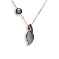 İncili Yaprak Kolye - Garnet ve siyah inci 925 ayar siyah rodyum kaplama gümüş kolye (40 cm altın rolo zincir) #s5xmz3