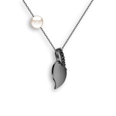 Siyah zirkon ve inci 925 ayar siyah rodyum kaplama gümüş kolye (40 cm gümüş rolo zincir)