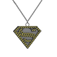 Superman Kolye - Peridot 925 ayar siyah rodyum kaplama gümüş kolye (40 cm gümüş rolo zincir) #13demep