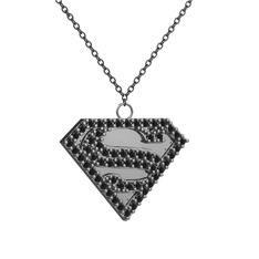Superman Kolye - Siyah zirkon 18 ayar beyaz altın kolye (40 cm gümüş rolo zincir) #4dsuk4
