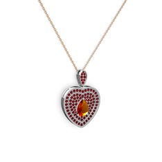 Damla Kalp Kolye - Sitrin ve garnet 14 ayar beyaz altın kolye (40 cm rose altın rolo zincir) #3ispzz
