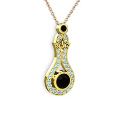 Lale Kolye - Siyah zirkon ve akuamarin 8 ayar altın kolye (40 cm rose altın rolo zincir) #176mpa7