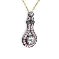 Lale Kolye - Swarovski ve pembe kuvars 925 ayar siyah rodyum kaplama gümüş kolye (40 cm altın rolo zincir) #1fxkdar