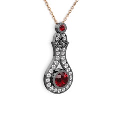 Garnet ve swarovski 925 ayar siyah rodyum kaplama gümüş kolye (40 cm rose altın rolo zincir)