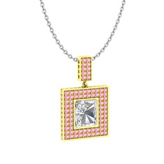 Albera Kolye - Swarovski ve pembe kuvars 8 ayar altın kolye (40 cm beyaz altın rolo zincir) #24x7yo