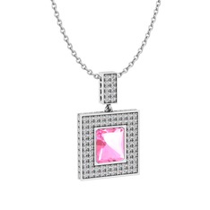 Albera Kolye - Pembe kuvars ve swarovski 14 ayar beyaz altın kolye (40 cm beyaz altın rolo zincir) #wi0x4l