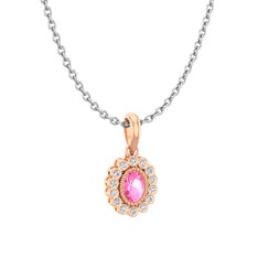 Pembe kuvars ve swarovski 14 ayar rose altın kolye (40 cm beyaz altın rolo zincir)