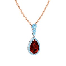 Garnet ve akuamarin 14 ayar beyaz altın kolye (40 cm rose altın rolo zincir)