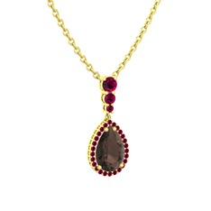 Nil Damlası Kolye - Dumanlı kuvars ve rodolit garnet 18 ayar altın kolye (40 cm gümüş rolo zincir) #p2dnyj