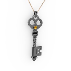 Anahtar Kolye - Sitrin 925 ayar siyah rodyum kaplama gümüş kolye (40 cm rose altın rolo zincir) #13uk2l4